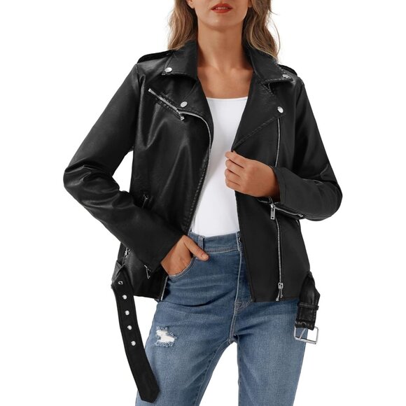 ✨Women's Black Faux Leather Jackets Vegan Zipped Cuffs Jackets Casual Coats